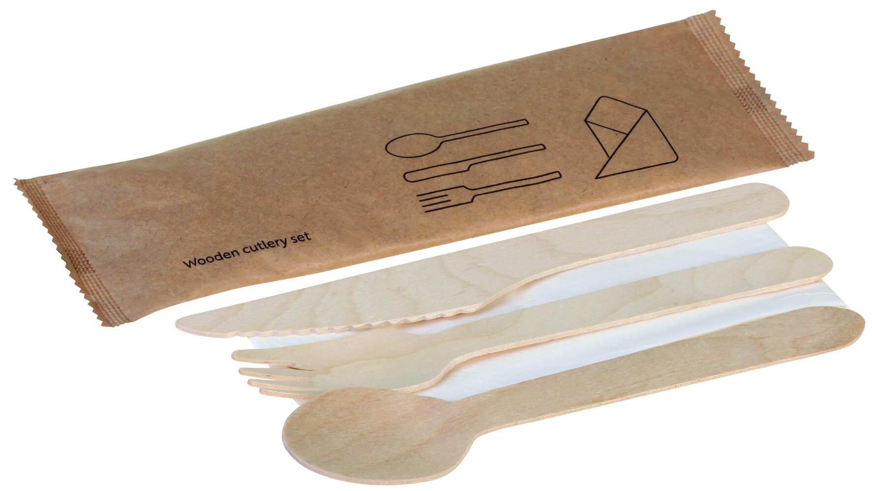 Besteckset naturesse Holz, 4-teilig: Gabel, Löffel, Messer, Serviette