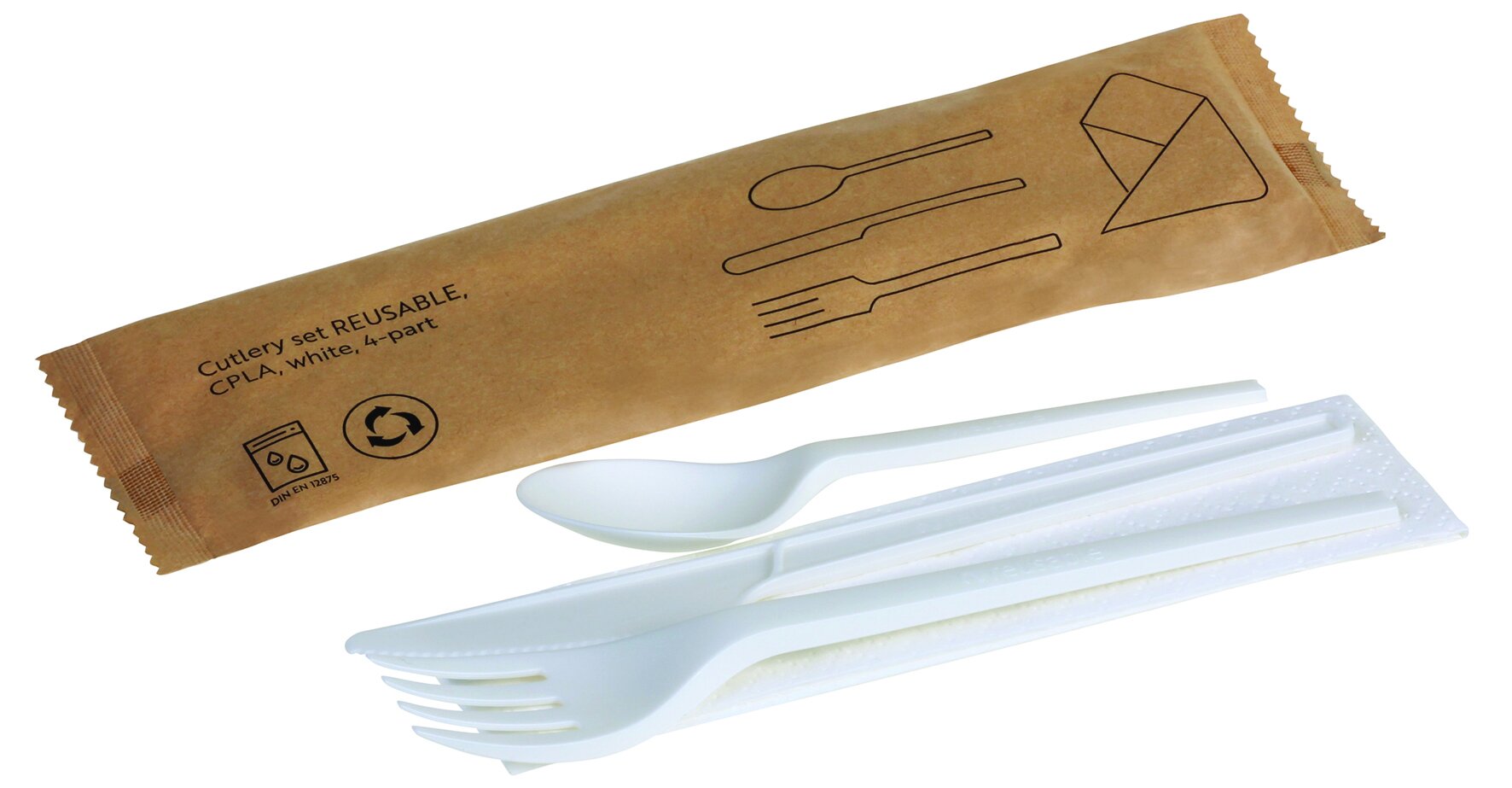 Besteckset naturesse reusable CPLA, weiß, 4-teilig: Gabel, Messer, Kaffeelöffel, Serviette