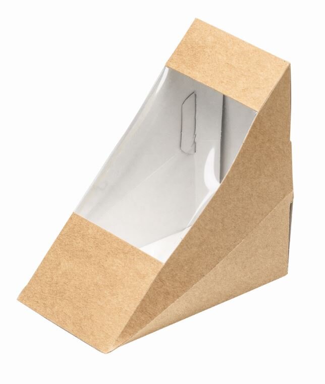 Sandwich-Verpackung mit Sichtfenster suplesse Karton/PLA, braun/weiss, 12,3 x 7,2 x 12,3 cm
