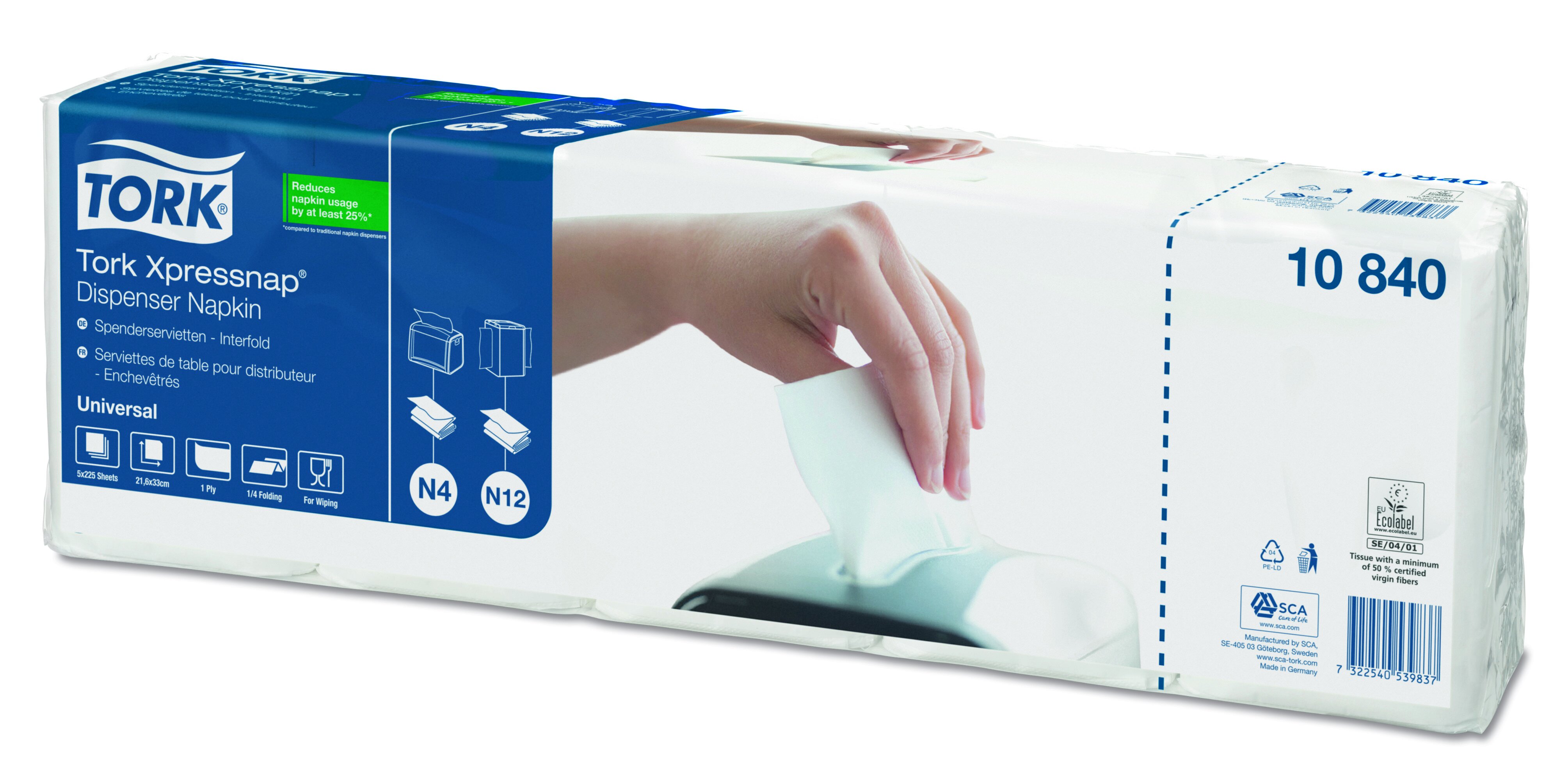 SpenderServiette Tork Xpressnap® N4 Papier, weiß, 1-lagig, 1/4-Falz, 21,3 x 33 cm