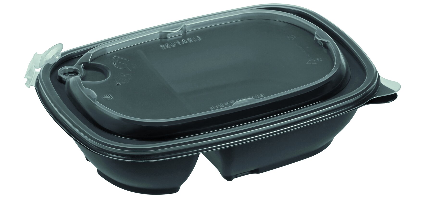 Mehrwegschale mit Deckel suplesse PP, schwarz/transparent/transparent, 2-geteilt, 900 ml
