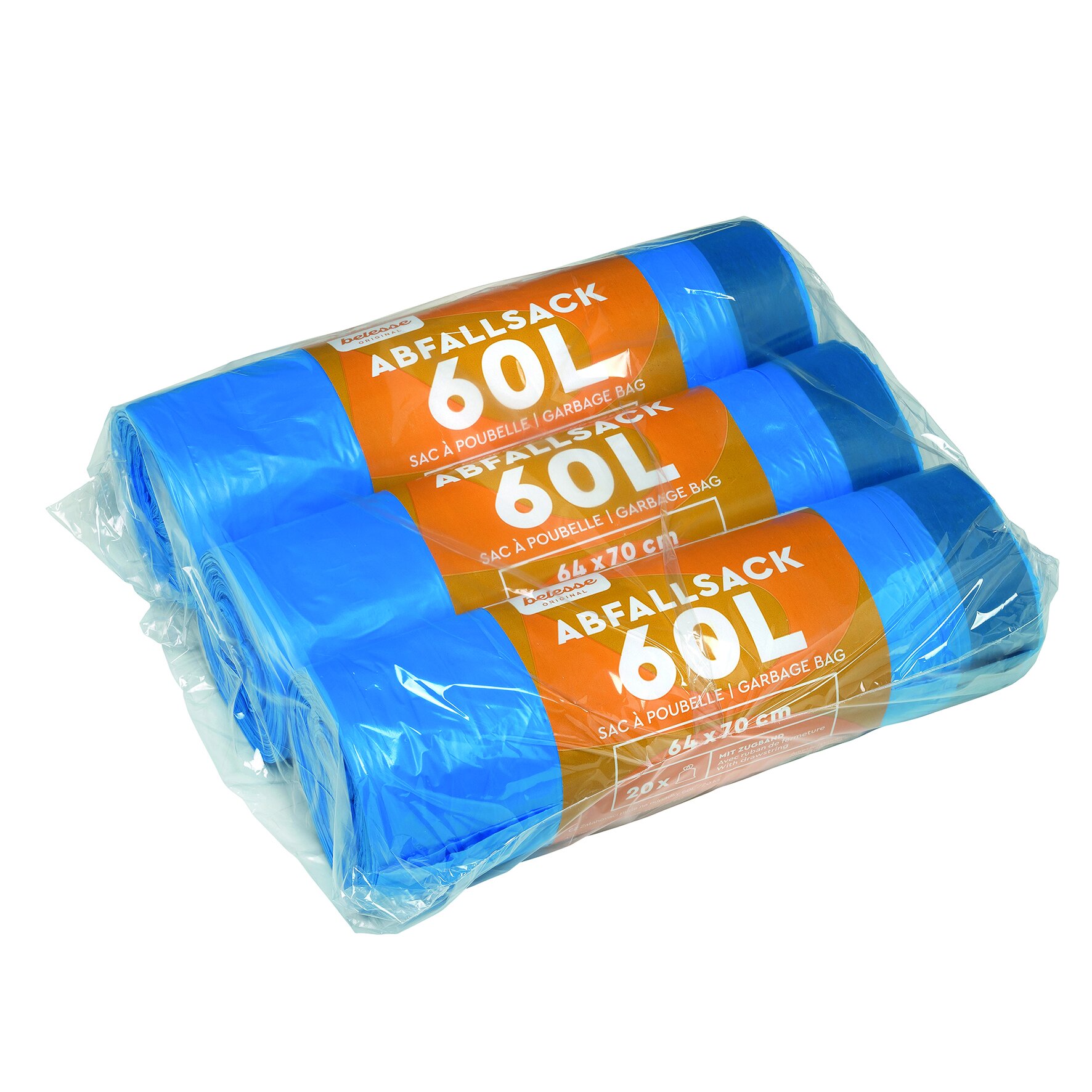 Müllsäcke mit Zugband  HDPE, blau, 60 l, 15 my