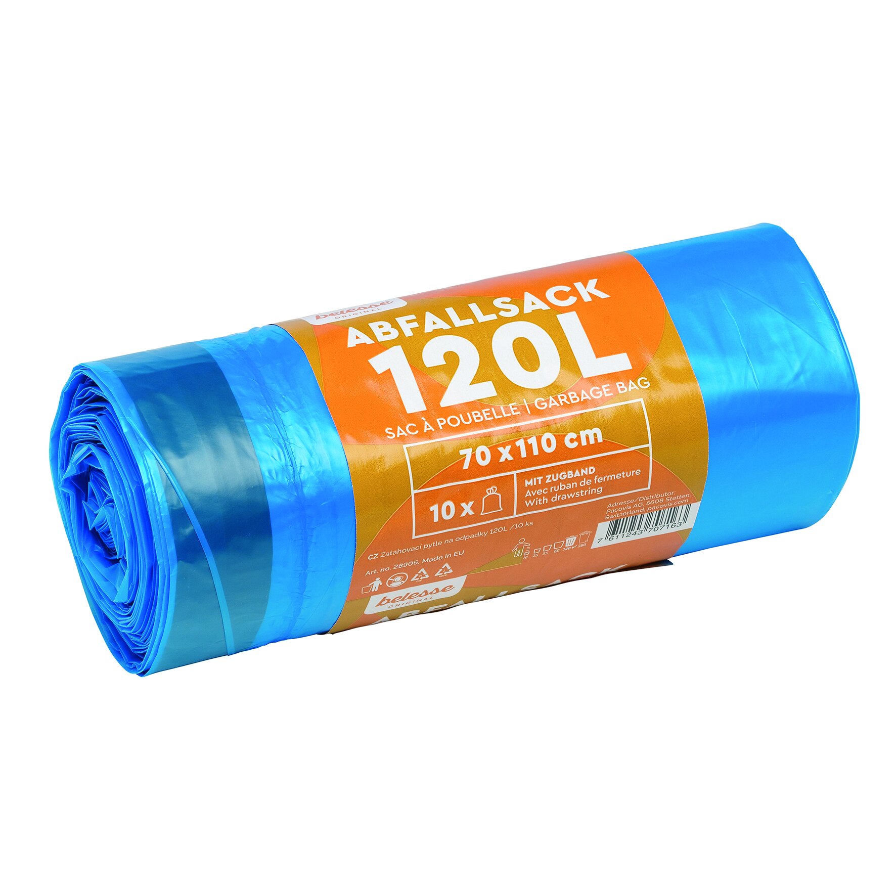 Müllsäcke mit Zugband HDPE, blau, 120 l, 35 my