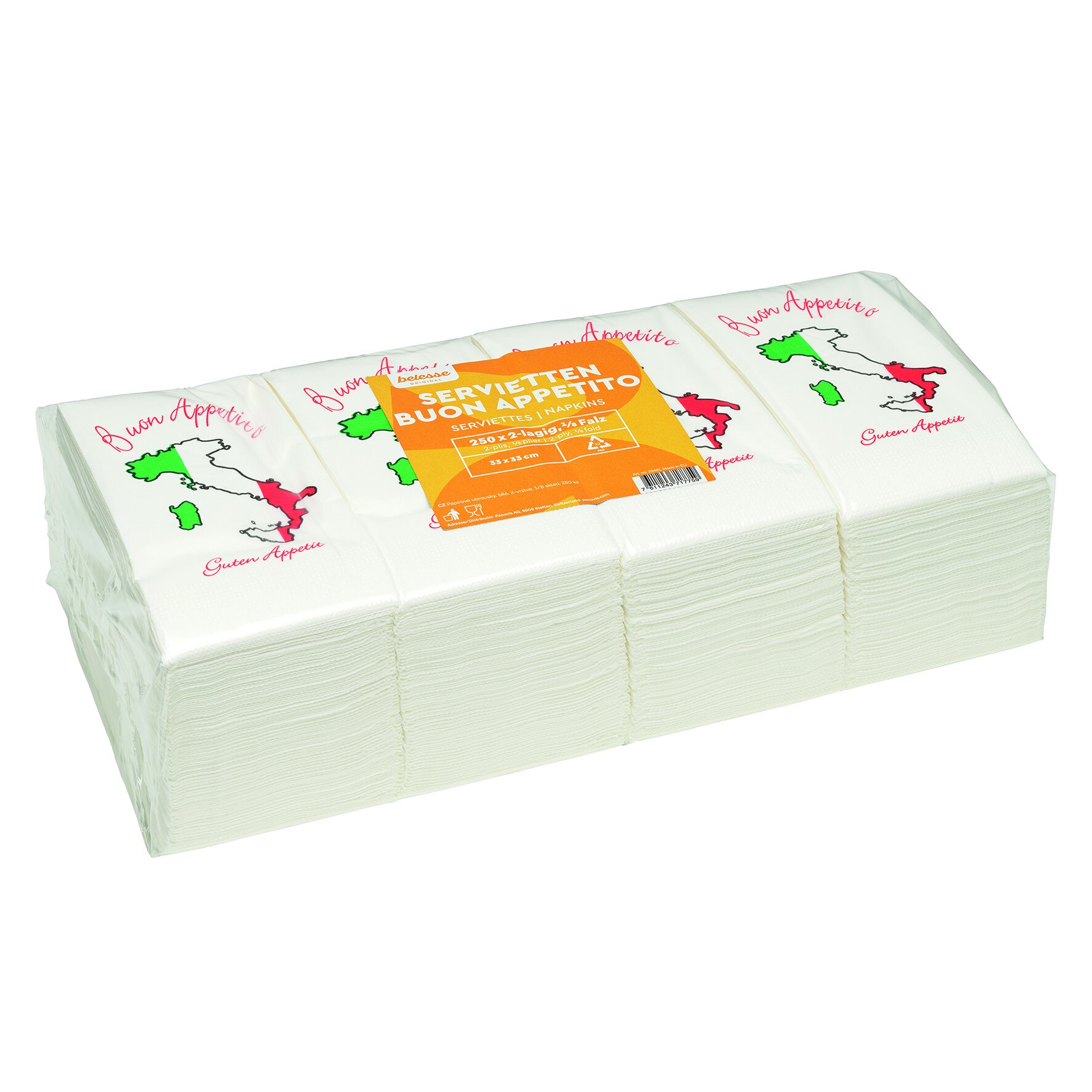 Serviette suplesse "Buon Appetito" Papier, weiß, 2-lagig, 1/8-Falz, 33 x 33 cm