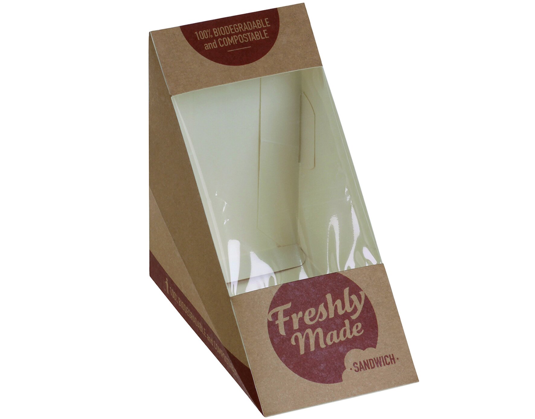 Sandwich-Verpackung mit Sichtfenster Karton/PLA, braun, 12,3 x 7,2 x 12,3 cm