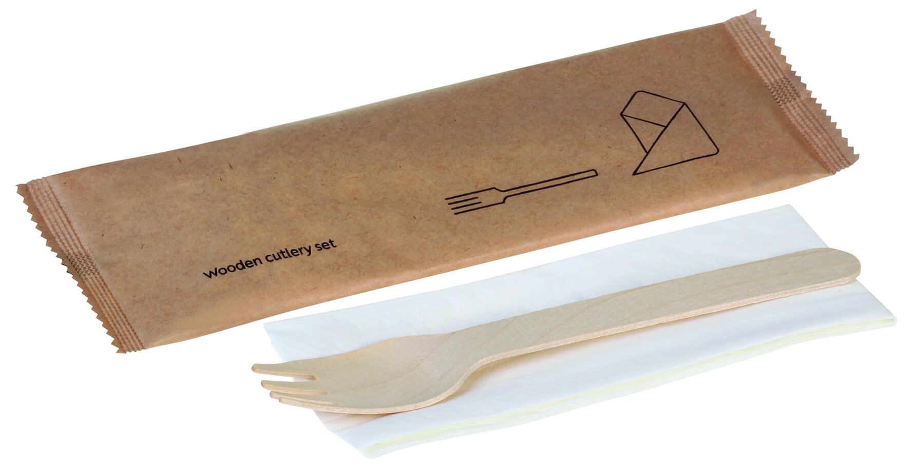 Gabel mit Serviette naturesse Holz, einzeln verpackt, 16 cm