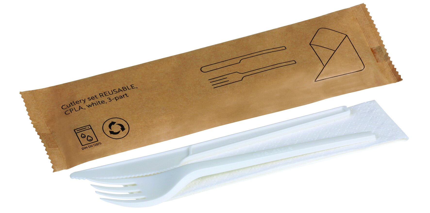 Besteckset naturesse reusable CPLA, weiss,  3-teilig: Gabel, Messer, Serviette