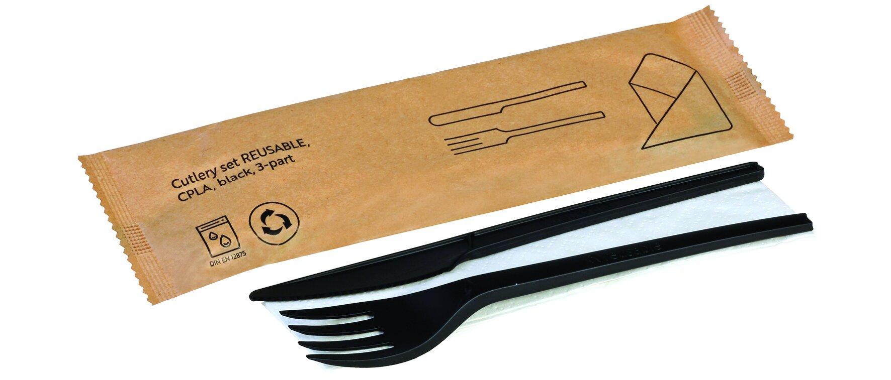 Besteckset naturesse reusable CPLA, schwarz, 3-teilig: Gabel, Messer, Serviette