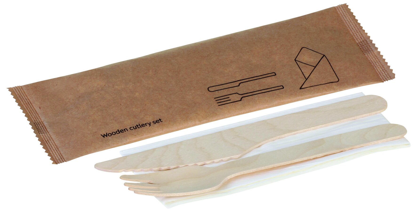 Set couverts en bois, 3-pcs. couteau, fourchette, serviette