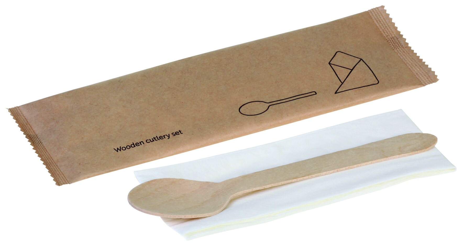 Cuillère de bois, avec serviette emballé individuellement, naturesse