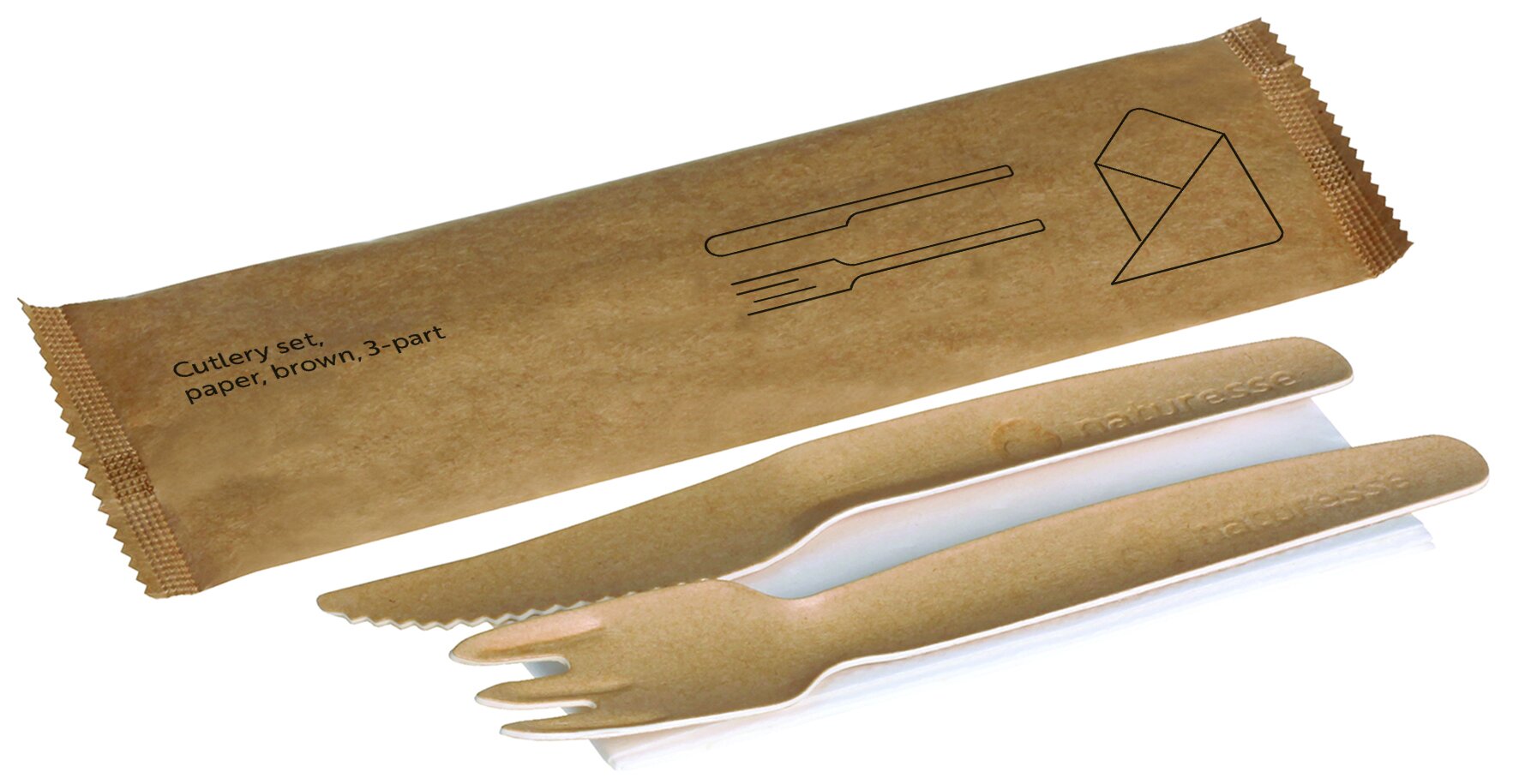 Set couverts papier, brun 3-pcs.:couteau,fourchette,serviette