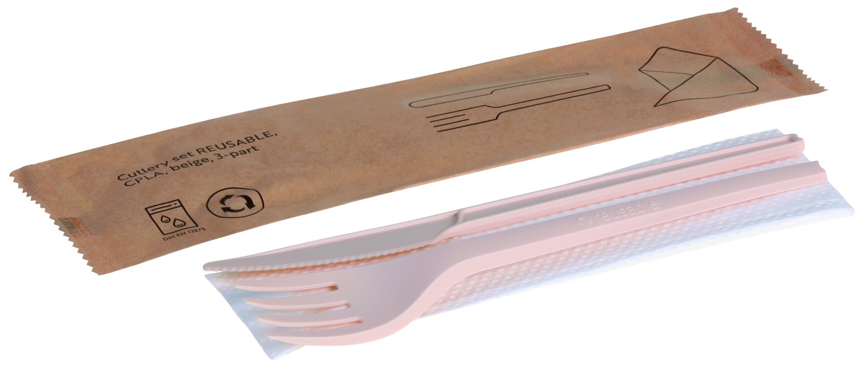 Set couverts REUSABLE CPLA beige, 3-comp:fourchette,couteau,serviette