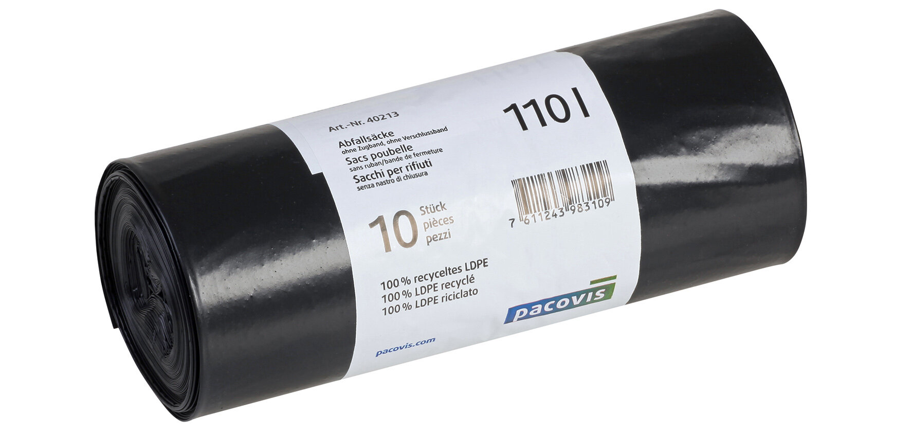 Sacs poubelle LDPE, 110l, noir 45my, 25 rouleaux à 10 pces