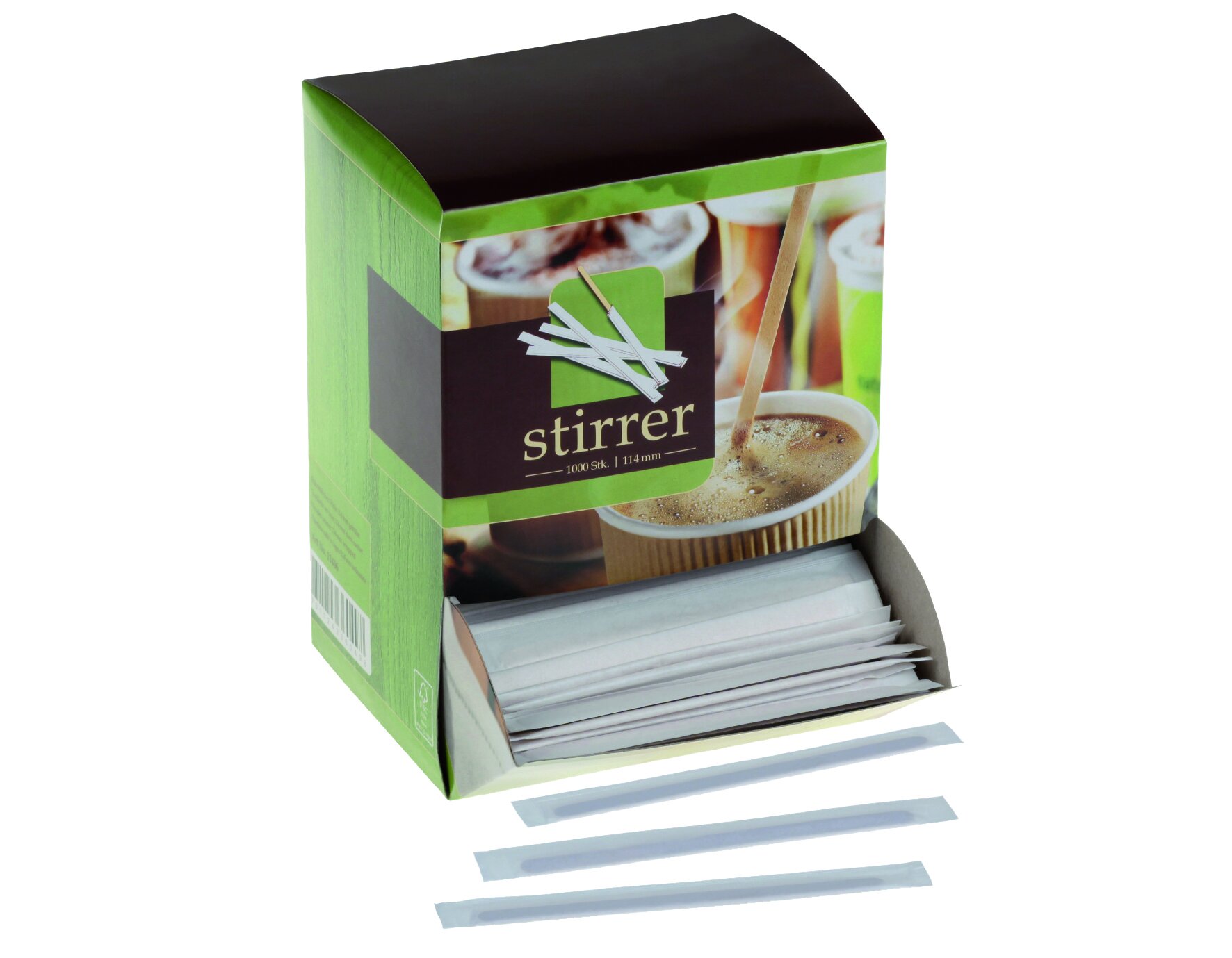 Rührstäbchen in Dispenserbox naturesse  Holz, einzeln gehülst, 11,4 cm
