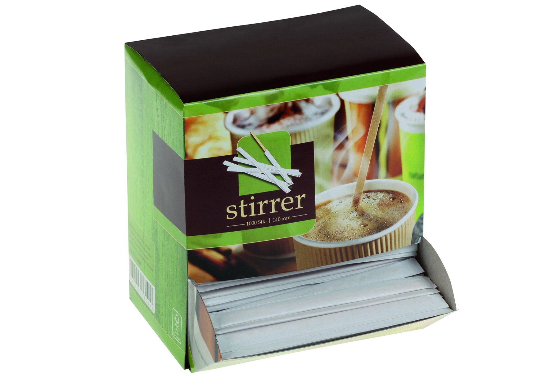 Rührstäbchen in Dispenserbox  naturesse Holz, einzeln gehülst, 14 cm