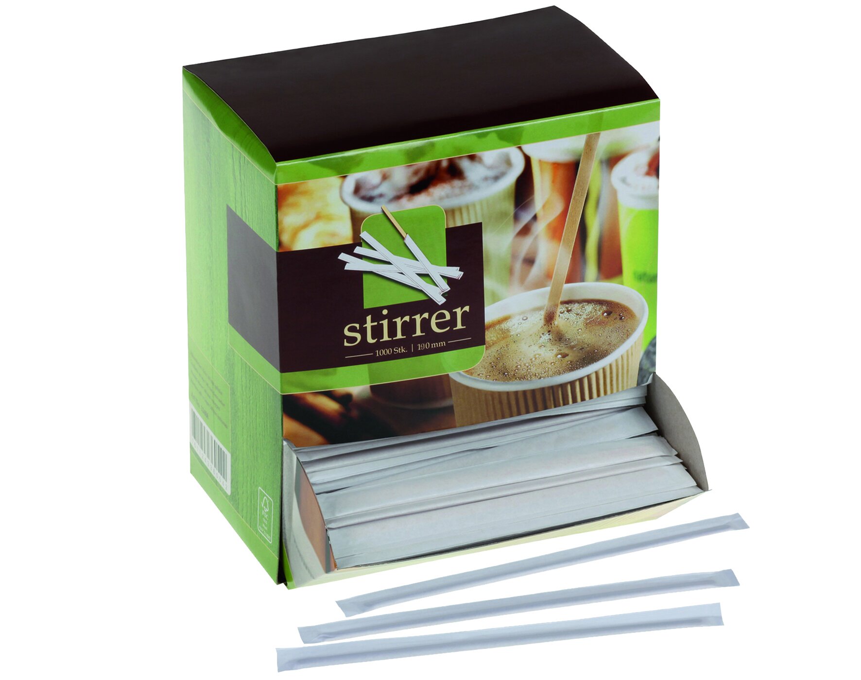 Rührstäbchen in Dispenserbox naturesse Holz, einzeln gehülst, 19 cm
