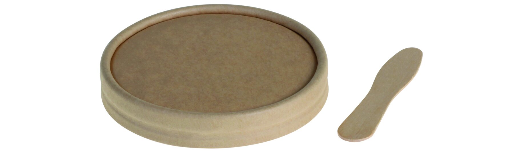 Deckel mit Holzlöffel naturesse Kraft-Karton/PLA, braun, Snap-on, rund, Ø 8,5 cm