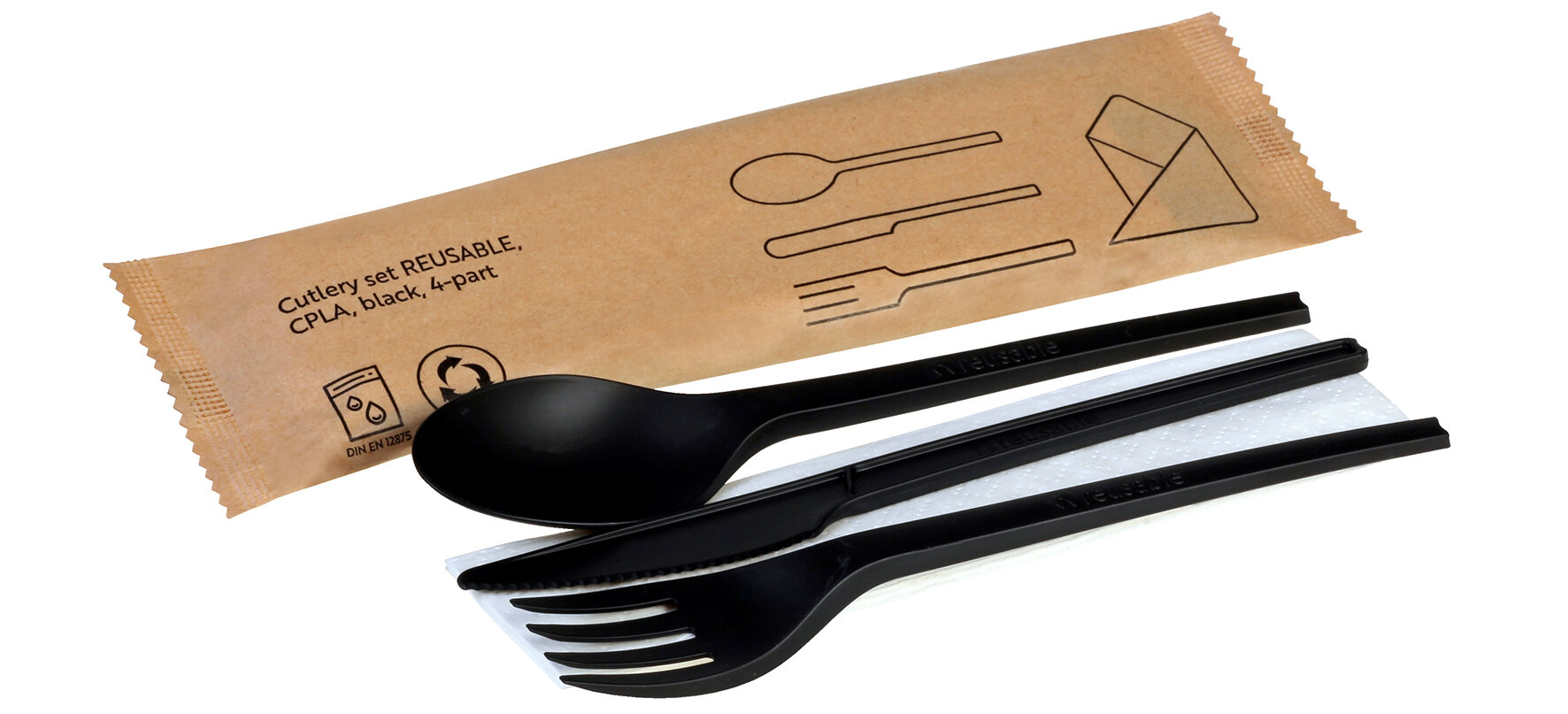 Besteckset naturesse reusable CPLA, schwarz,  4-teilig: Gabel, Löffel, Messer, Serviette