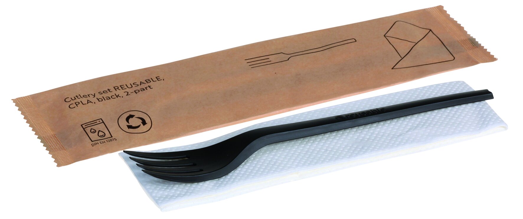 Besteckset naturesse reusable CPLA, schwarz,  2-teilig: Gabel, Serviette