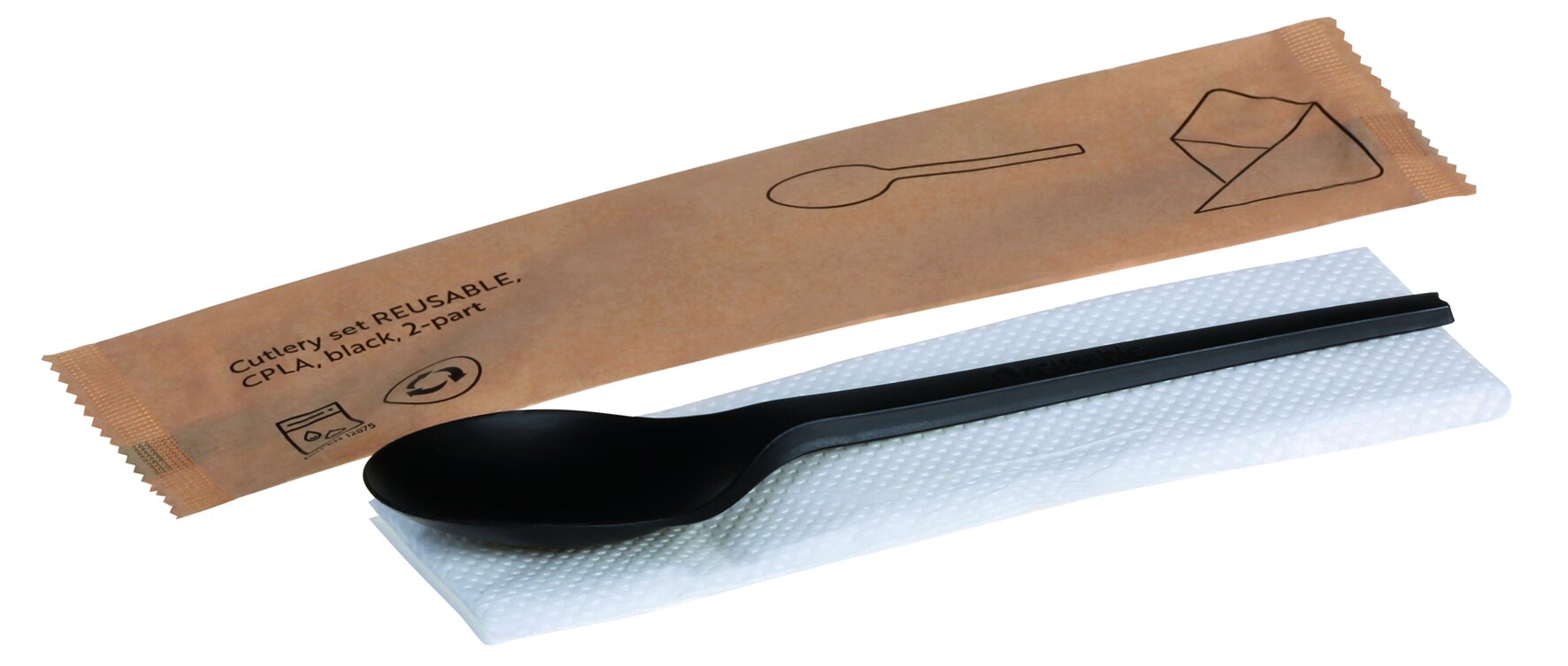 Besteckset naturesse reusable CPLA, schwarz, 2-teilig: Löffel, Serviette