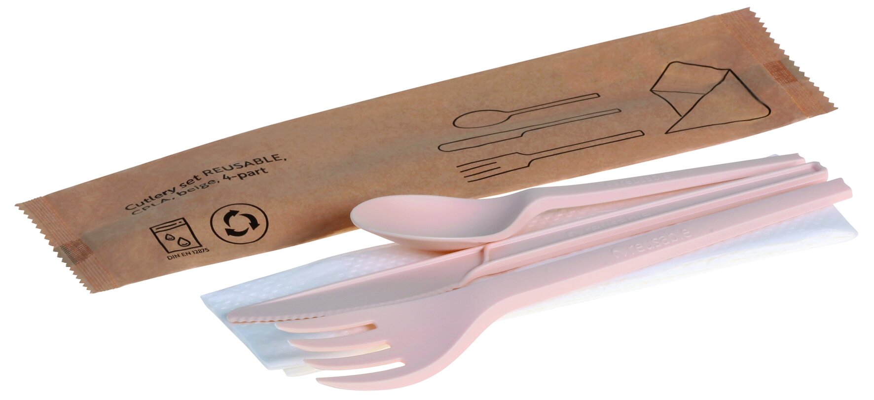 Besteckset naturesse reusable CPLA, beige, 4-teilig: Gabel, Messer, Kaffeelöffel, Serviette