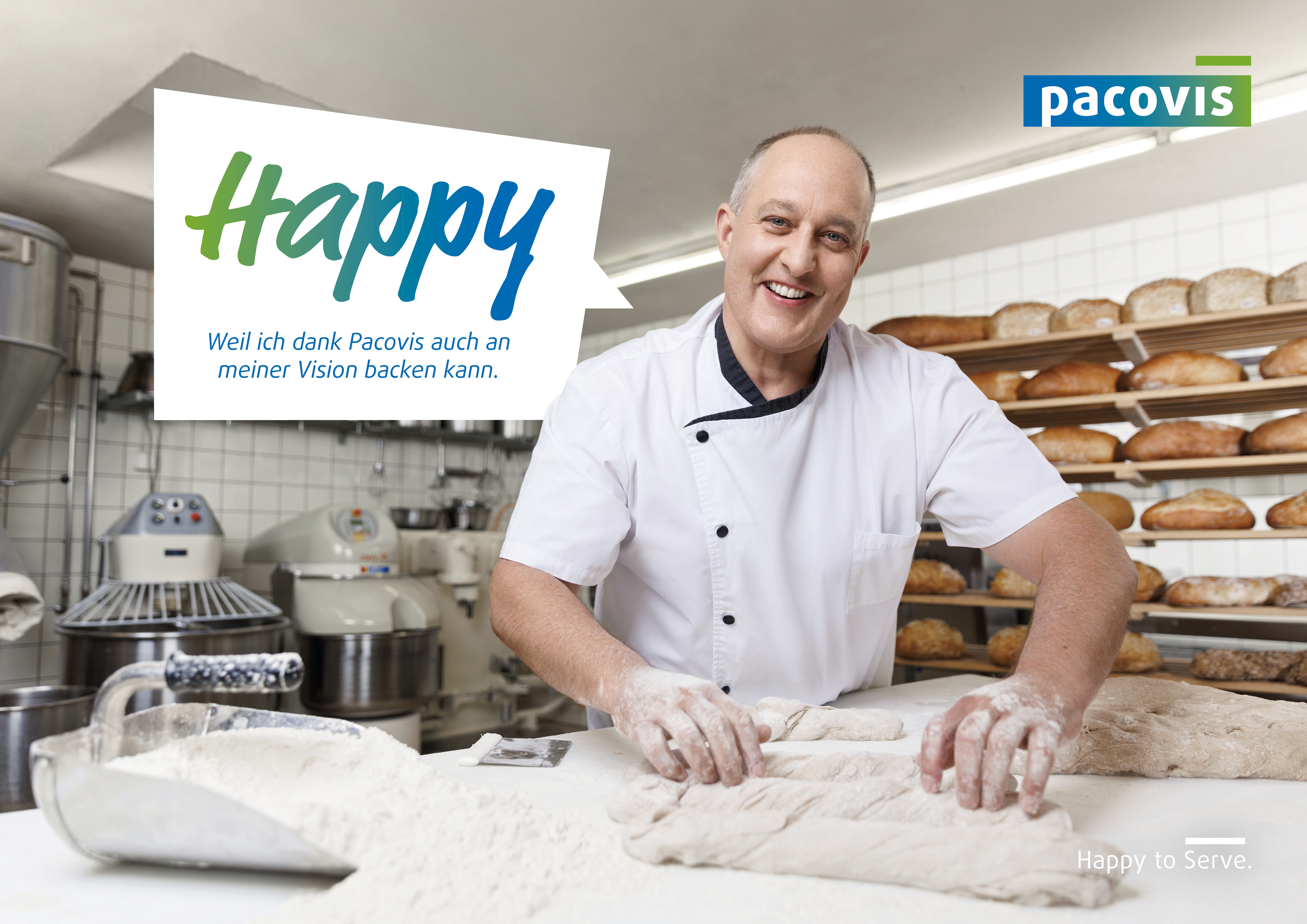 Bild aus der Pacovis-Imagekampagne mit glücklichem Bäcker und Text "Happy, weil ich dank Pacovis auch an meiner Vision backen kann."