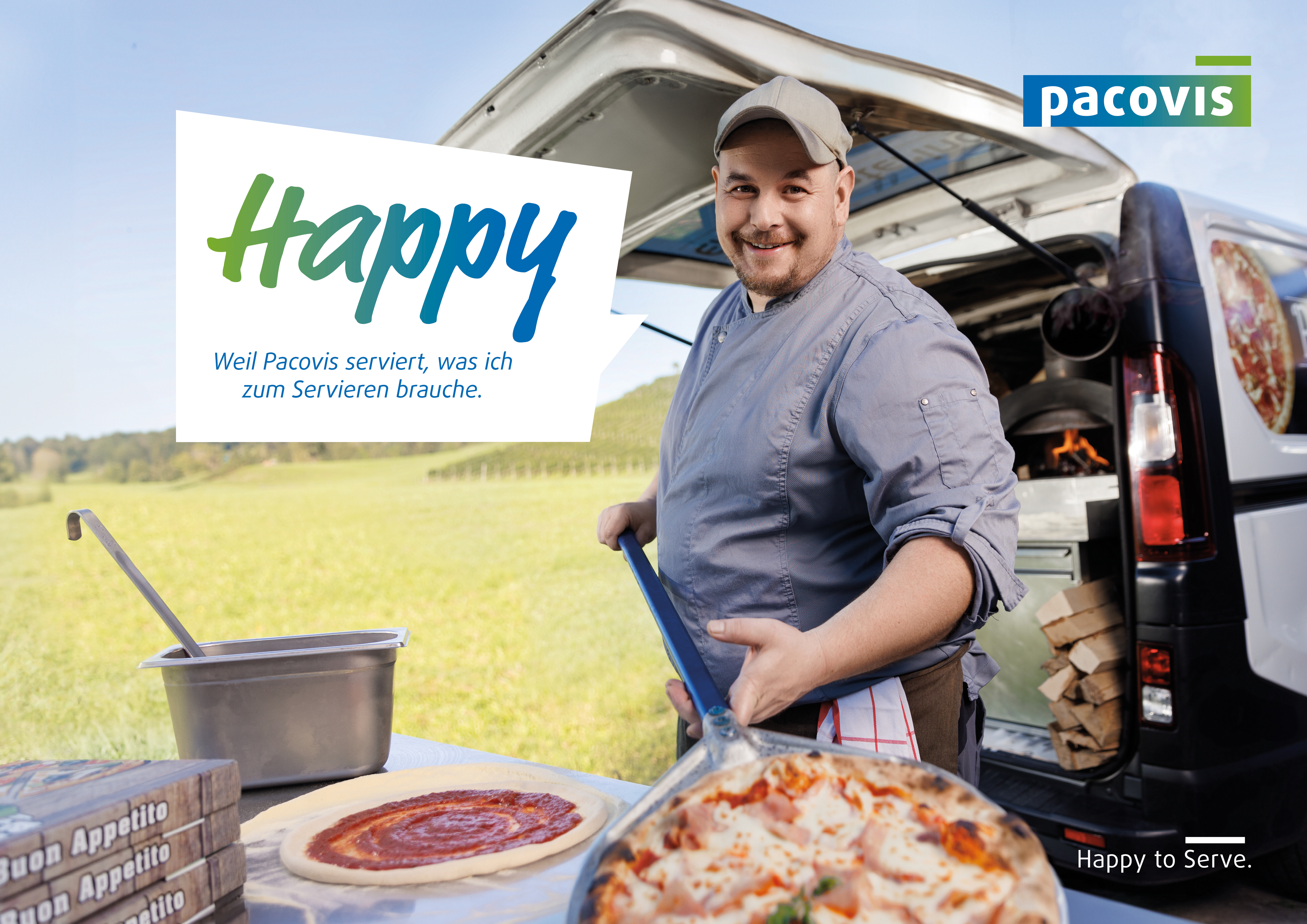 Bild aus der Pacovis-Imagekampagne mit glücklichem Party-Service-Besitzer und Text "Happy, weil Pacovis serviert, was ich zum Servieren brauche."