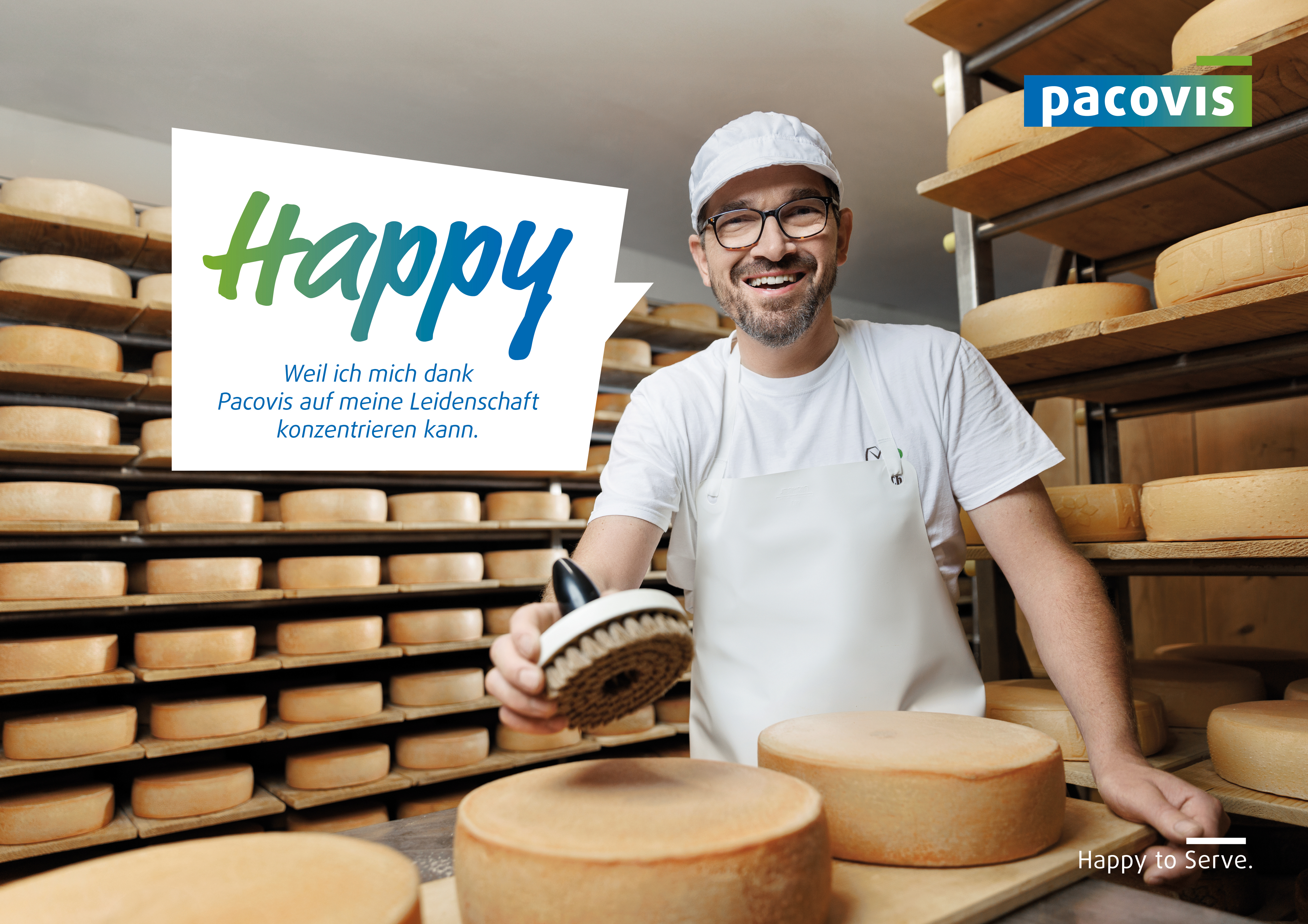Bild aus der Pacovis-Imagekampagne mit glücklichem Käser und Text "Happy, weil ich mich dank Pacovis auf meine Leidenschaft konzentrieren kann."