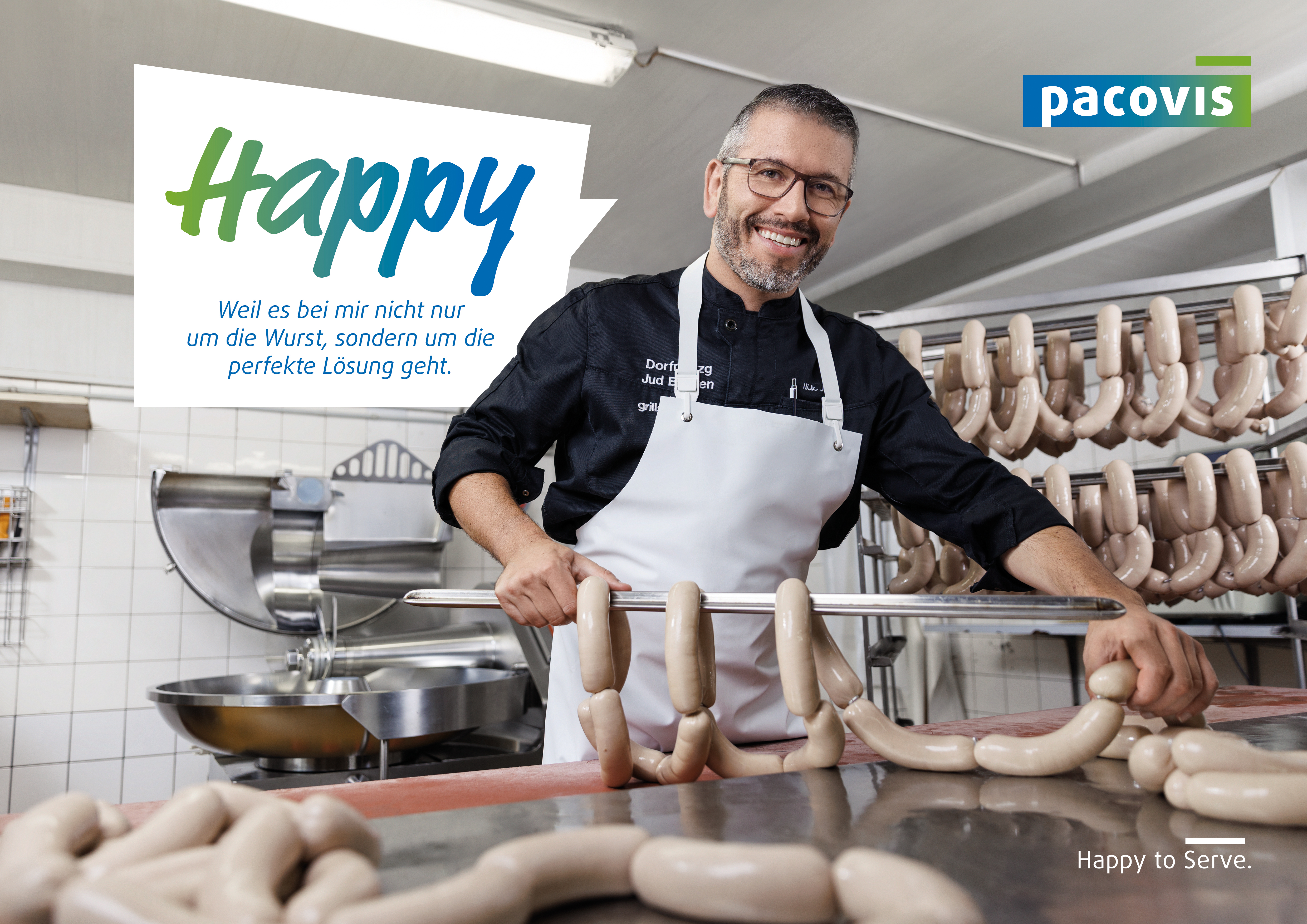 Bild aus der Pacovis-Imagekampagne mit glücklichem Metzger und Text "Happy, weil es bei mir nicht nur um die Wurst, sondern um die perfekte Lösung geht."