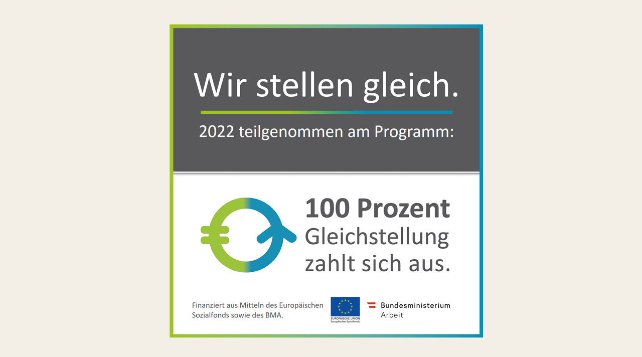 Label der Aktion „100 Prozent – Gleichstellung zahlt sich aus.“, bei der Pacovis mitmacht