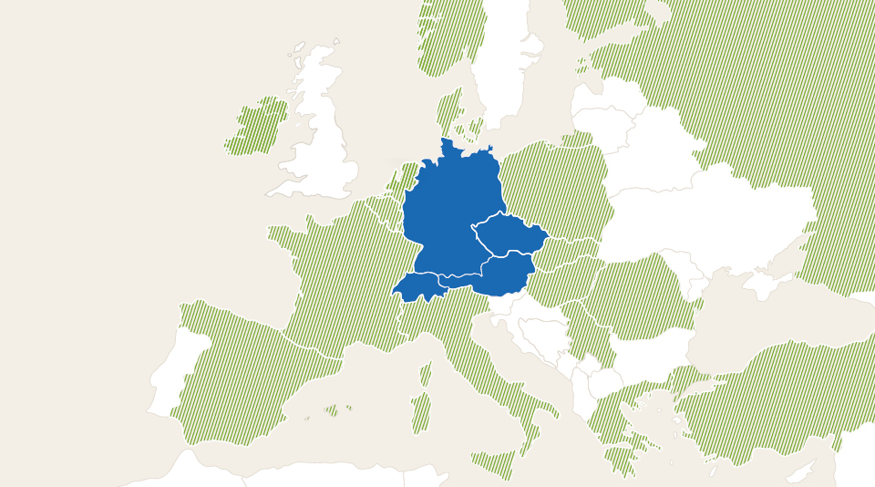Europakarte mit den Pacovis-Standorten Schweiz, Österreich, Deutschland und Tschechien