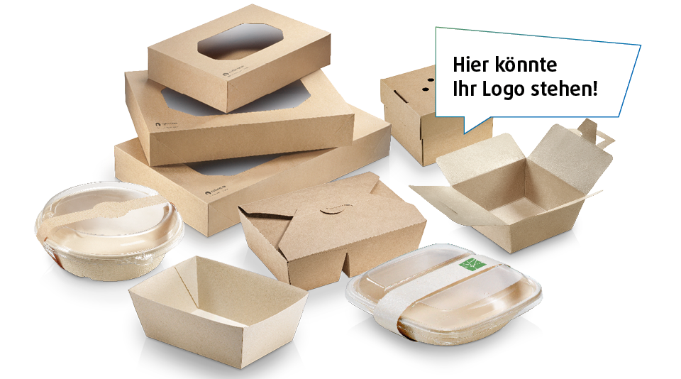 Sortiment Pacovis-Kartons und -Boxen mit Sprechblase "Hier könnte Ihr Logo stehen!"