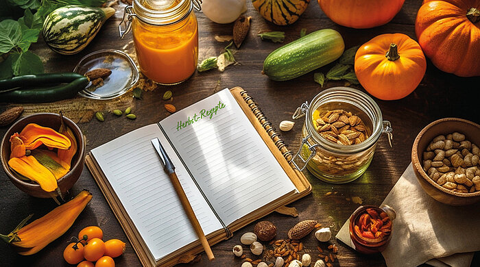 Herbstlich dekorierter Tisch mit Rezeptbuch