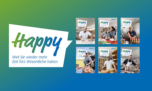 Bilder der Pacovis-Kampagne mit glücklichen Kunden und Text "Happy, weil Sie wieder mehr Zeit fürs Wesentliche haben"