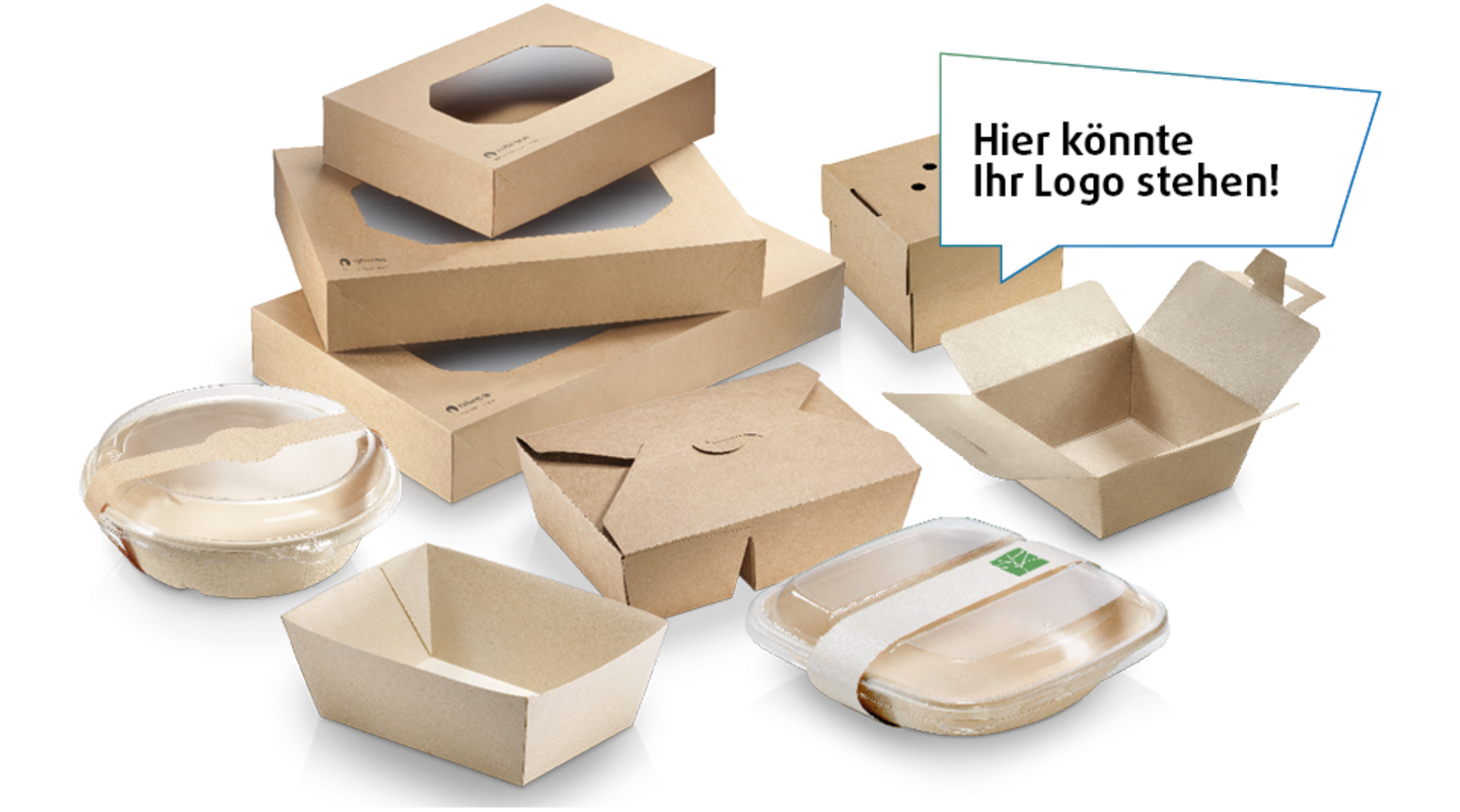 Sortiment Pacovis-Kartons und -Boxen mit Sprechblase "Hier könnte Ihr Logo stehen!"