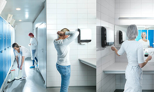 Waschraum-Ausstattung von Pacovis wie Spender, Papiere, Hauben und anderen Hygiene- und Arbeitsschutzprodukten