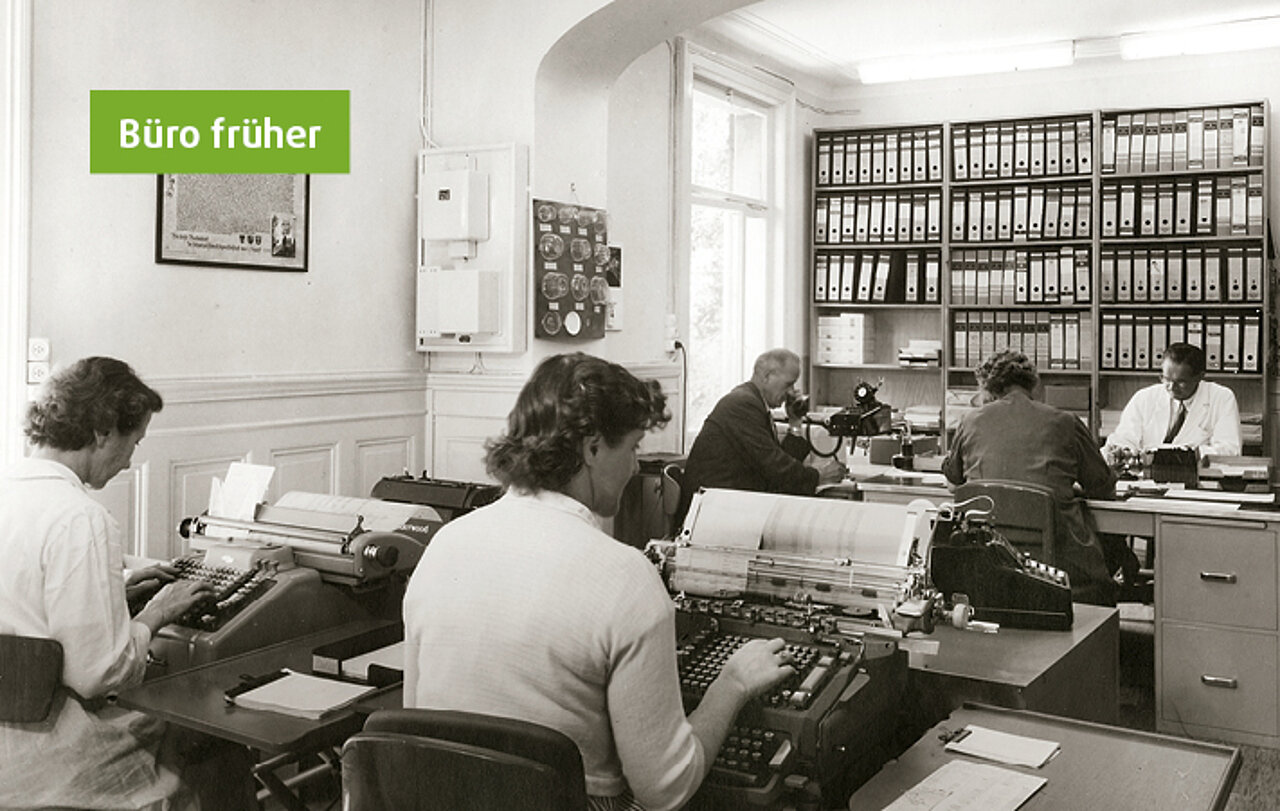 Historienbild des Pacovis-Büro Zürich mit Text Büro früher