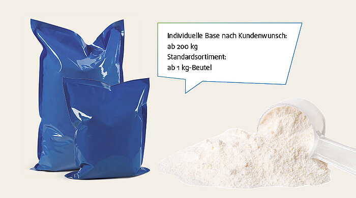 Beutel und Pulver Basenmischungen Speiseeis mit Sprechblase mit Text "Individuelle Base nach Kundenwunsch: ab 200 kg oder Standardsortiment: ab 1 kg-Beutel